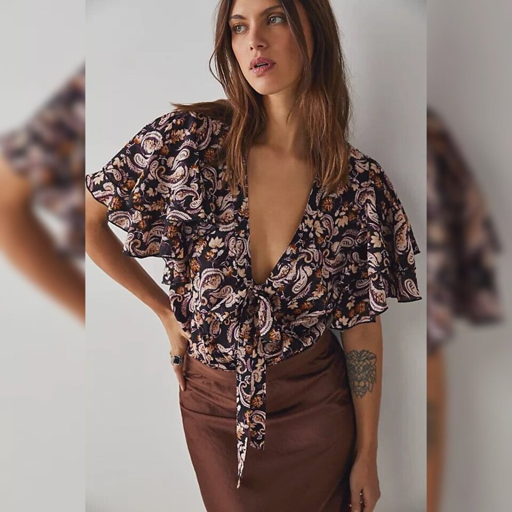 Free People Call Me Later Bodysuit Top XS Women Casual Paisley Printed NEW 32883